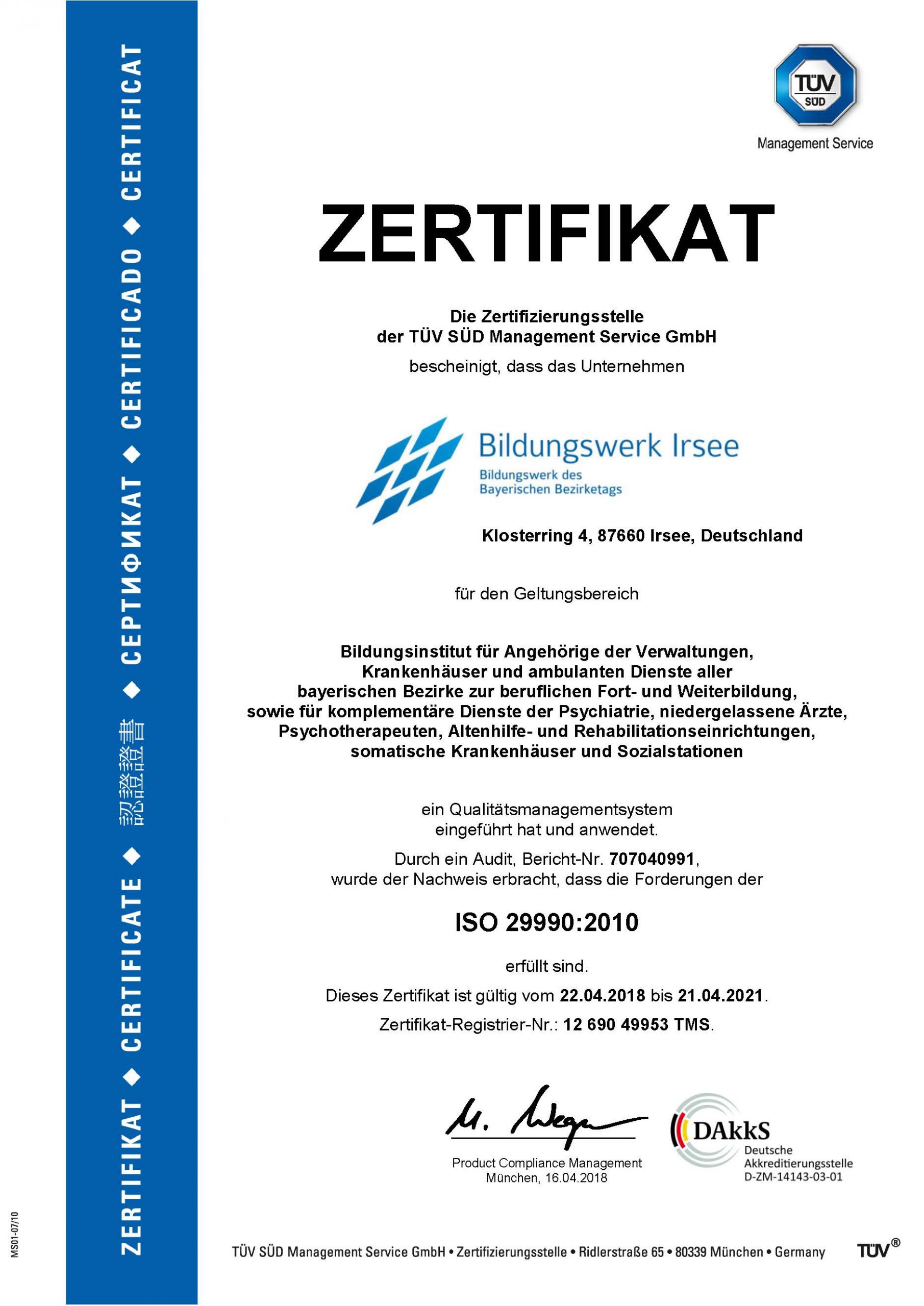 Zertifikat TUEV Sued 2018